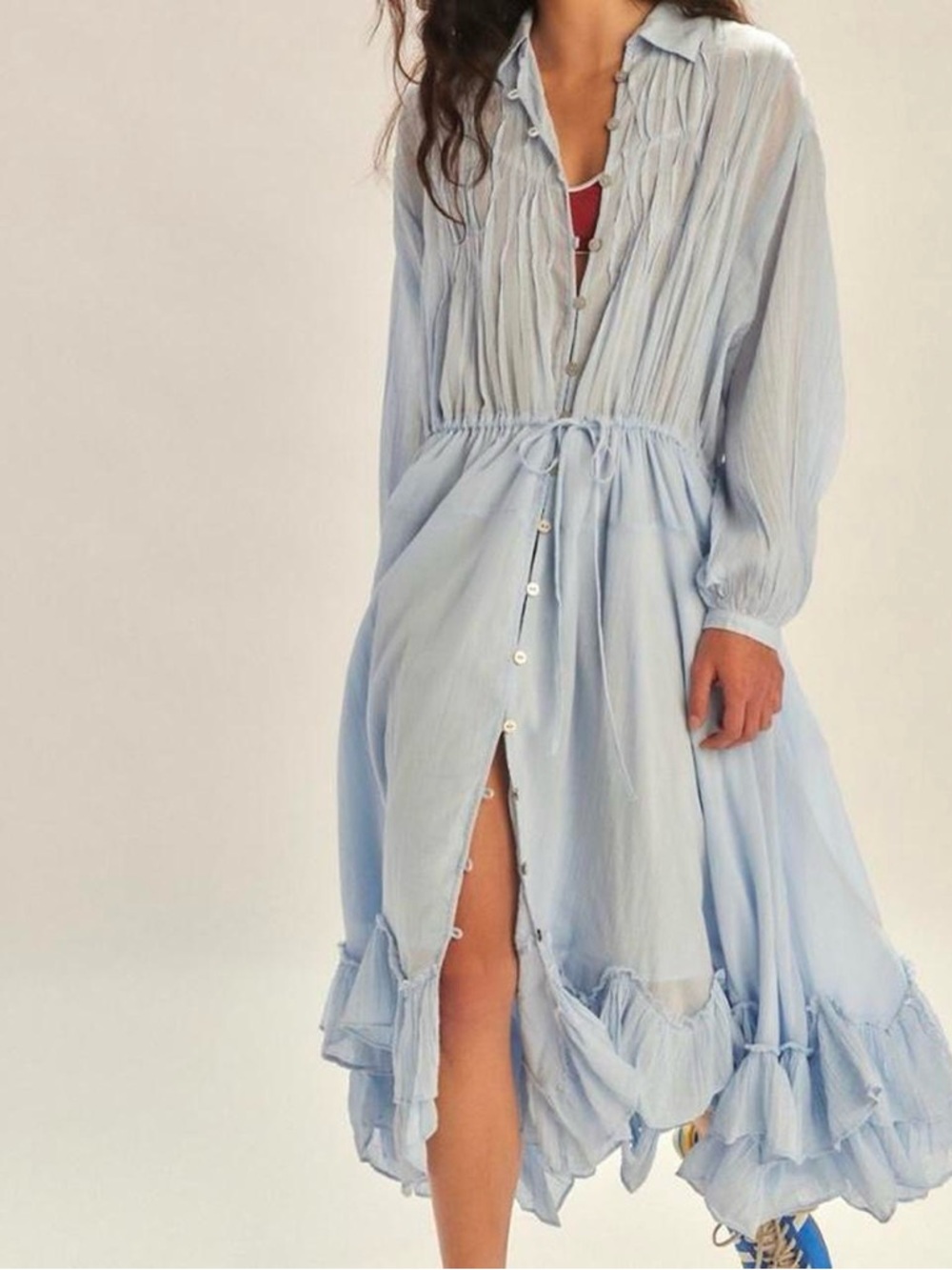 Free People Pale Blue Ruffle Button-Front Midi Dress